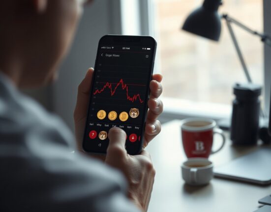 Person viewing a smartphone showing a downward cryptocurrency chart with meme coin logos in red.