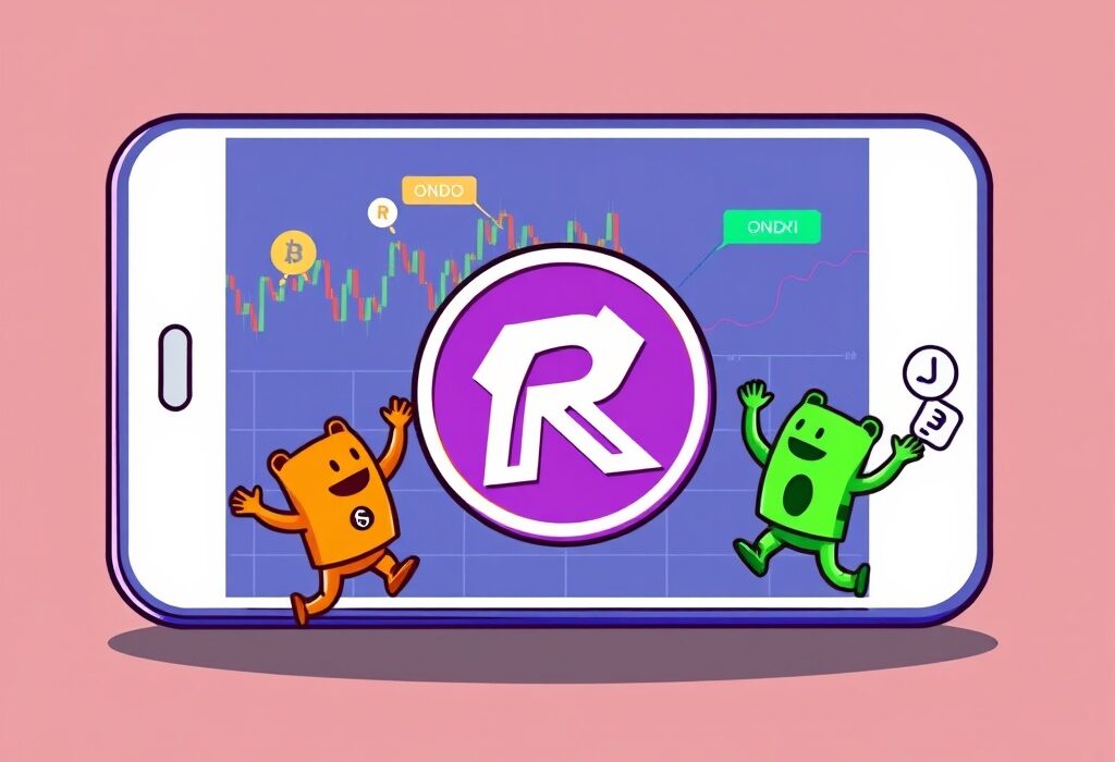A vibrant cartoon showing ONDO and FLOKI tokens celebrating near a Robinhood app interface, representing the significant Robinhood ONDO FLOKI listing and new trading opportunities.