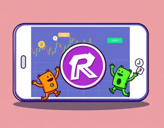 A vibrant cartoon showing ONDO and FLOKI tokens celebrating near a Robinhood app interface, representing the significant Robinhood ONDO FLOKI listing and new trading opportunities.