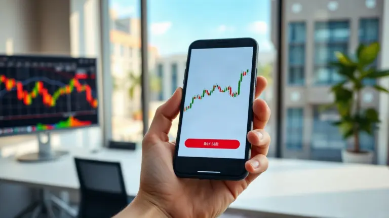Smartphone showing a trading app with candlestick charts in a modern office, illustrating Robinhood's new crypto and stock trading products.