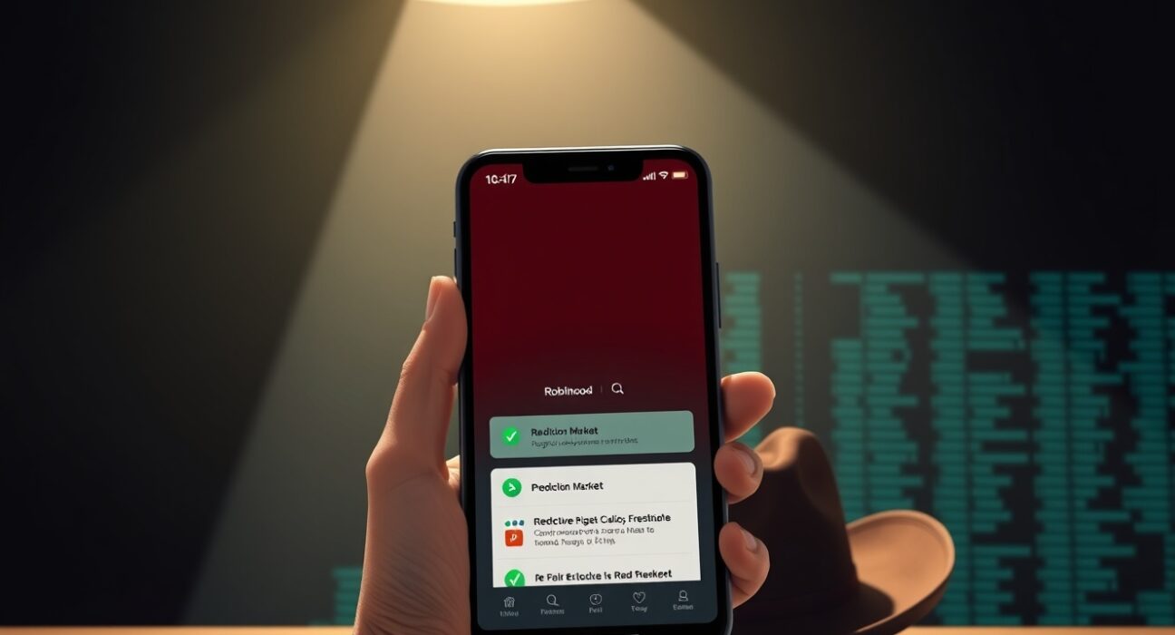 Robinhood prediction market app interface on a smartphone held in a hand, illustrating Jim Cramer's Wild West warning.