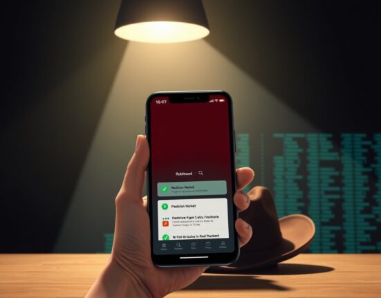 Robinhood prediction market app interface on a smartphone held in a hand, illustrating Jim Cramer's Wild West warning.
