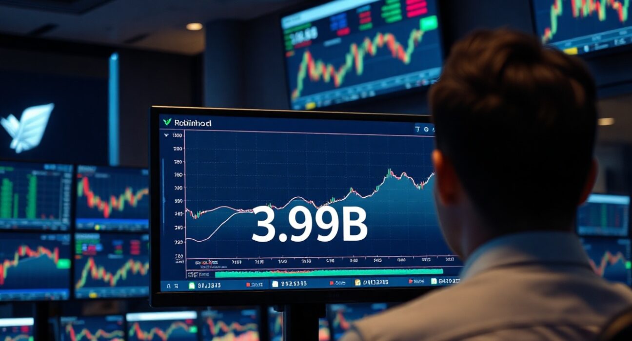 Financial trading desk monitor showing Robinhood prediction market data with 3.9 billion trades record