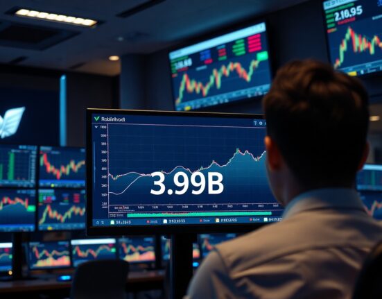 Financial trading desk monitor showing Robinhood prediction market data with 3.9 billion trades record