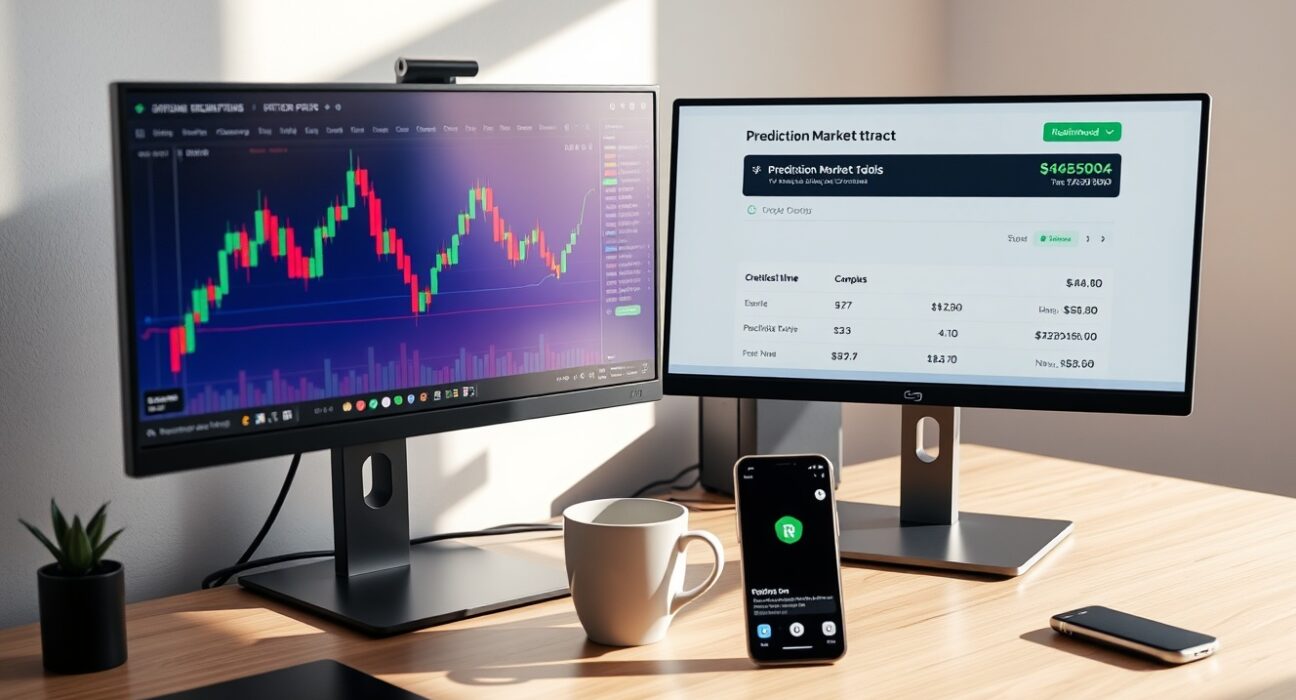 Two monitors on a desk showing a crypto chart and a prediction market interface, symbolizing Robinhood's shifting revenue streams.