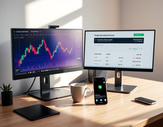 Two monitors on a desk showing a crypto chart and a prediction market interface, symbolizing Robinhood's shifting revenue streams.