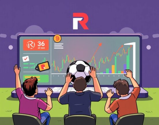 A vibrant illustration depicting the new Robinhood prediction markets platform, where users can engage with football outcomes.