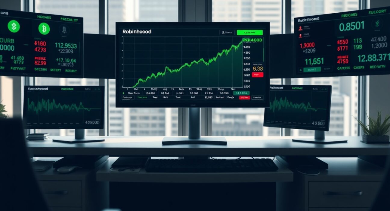 Robinhood trading desk with HOOD stock chart and crypto price displays in a professional office setting.
