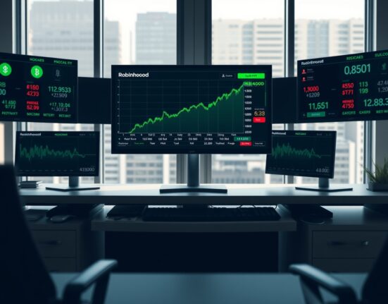Robinhood trading desk with HOOD stock chart and crypto price displays in a professional office setting.