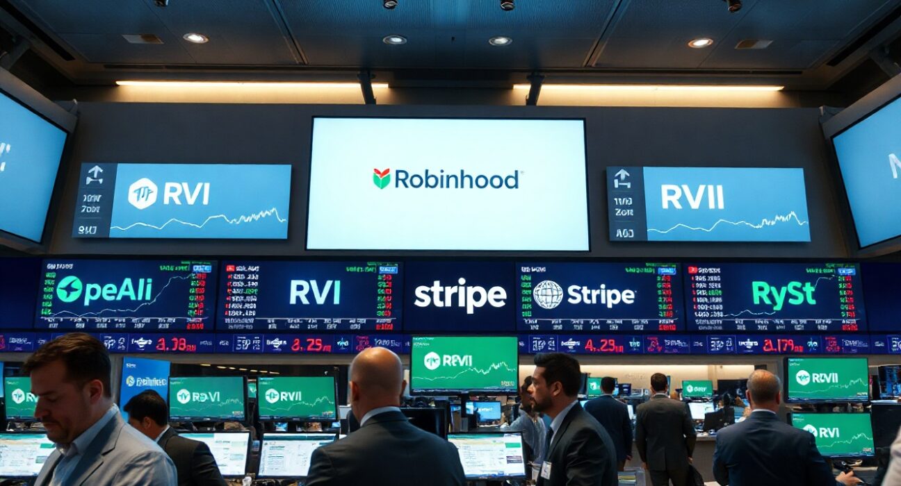 Trading floor with Robinhood RVI and RVII ticker symbols and AI startup logos on digital screens
