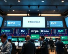 Trading floor with Robinhood RVI and RVII ticker symbols and AI startup logos on digital screens