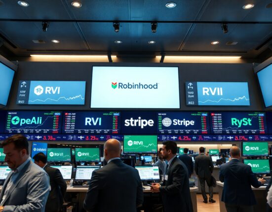 Trading floor with Robinhood RVI and RVII ticker symbols and AI startup logos on digital screens
