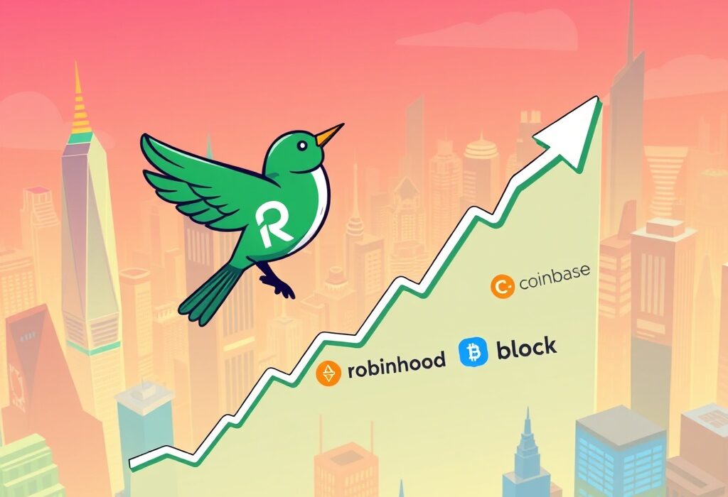 Cartoon showing Robinhood's entry into the S&P 500, symbolizing crypto's growing influence in traditional finance. Focuses on Robinhood S&P 500 inclusion.