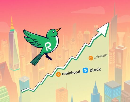 Cartoon showing Robinhood's entry into the S&P 500, symbolizing crypto's growing influence in traditional finance. Focuses on Robinhood S&P 500 inclusion.