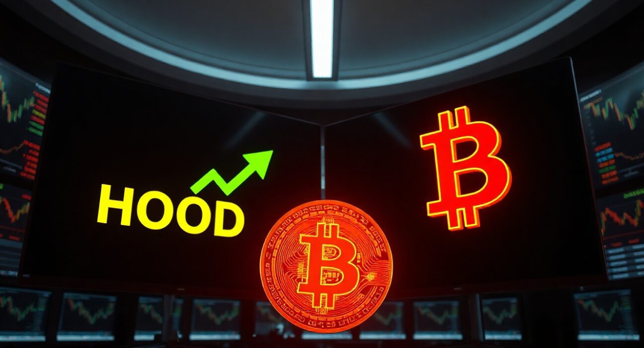 Robinhood stock ticker rising while Bitcoin symbol falls, illustrating market decoupling