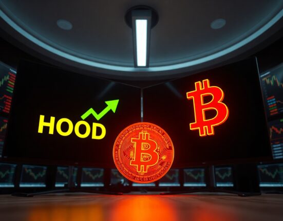 Robinhood stock ticker rising while Bitcoin symbol falls, illustrating market decoupling