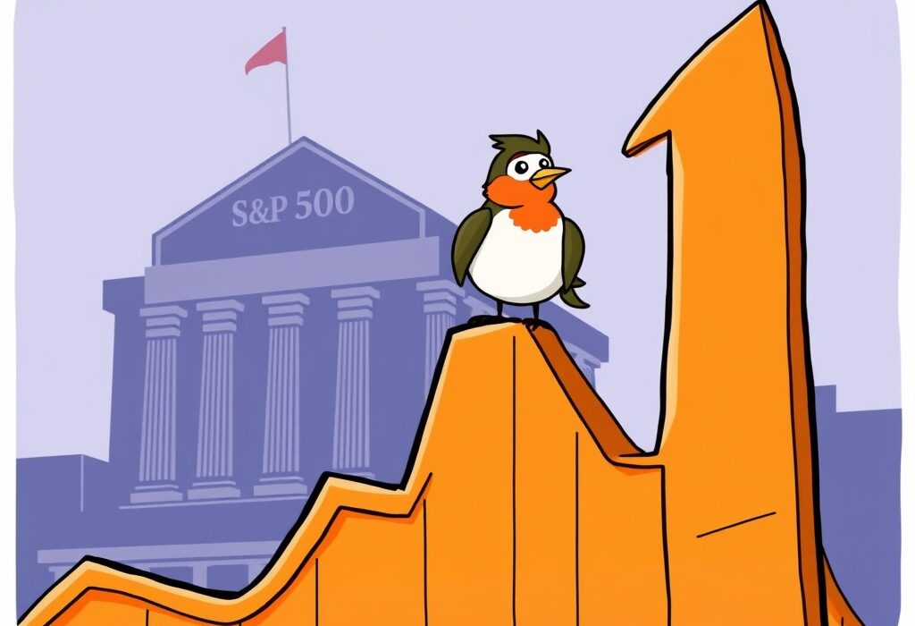 A cartoon robin symbolizes Robinhood stock soaring high, reflecting Bernstein's optimistic $160 price target and S&P 500 inclusion.