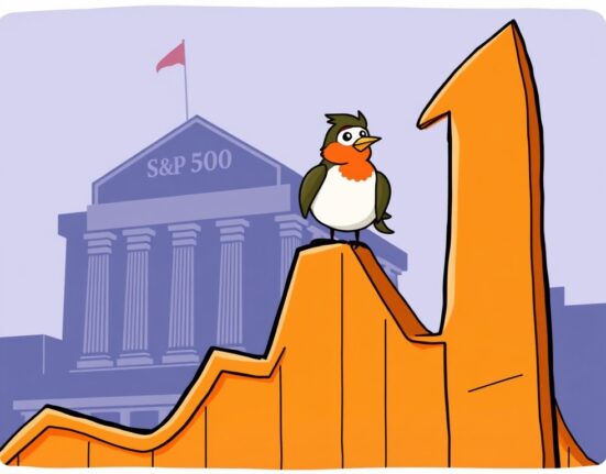 A cartoon robin symbolizes Robinhood stock soaring high, reflecting Bernstein's optimistic $160 price target and S&P 500 inclusion.
