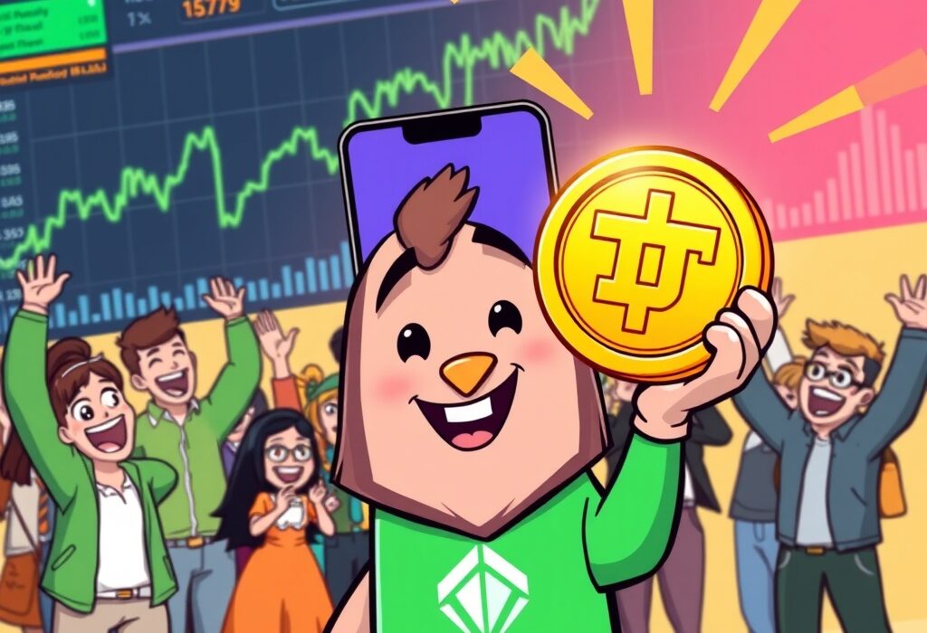 A cartoon robinhood character proudly presents the TON coin, symbolizing the significant Robinhood TON listing for crypto investors.