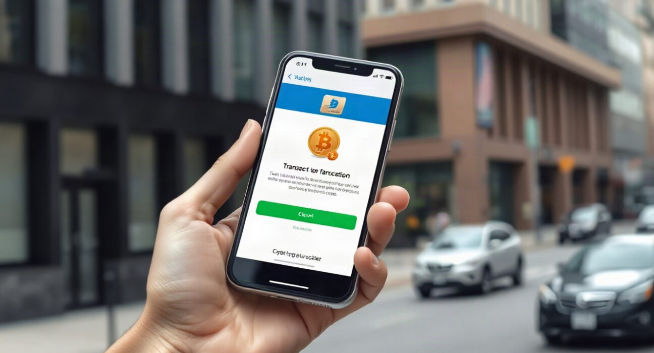 Smartphone showing a credit card payment for a cryptocurrency purchase on a digital wallet app.