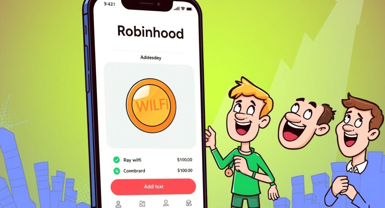 Cartoon illustration of the Robinhood app adding WLFI, symbolizing the significant Robinhood WLFI listing for investors.