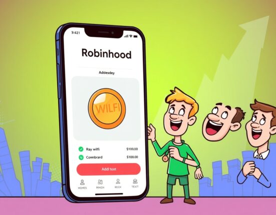 Cartoon illustration of the Robinhood app adding WLFI, symbolizing the significant Robinhood WLFI listing for investors.
