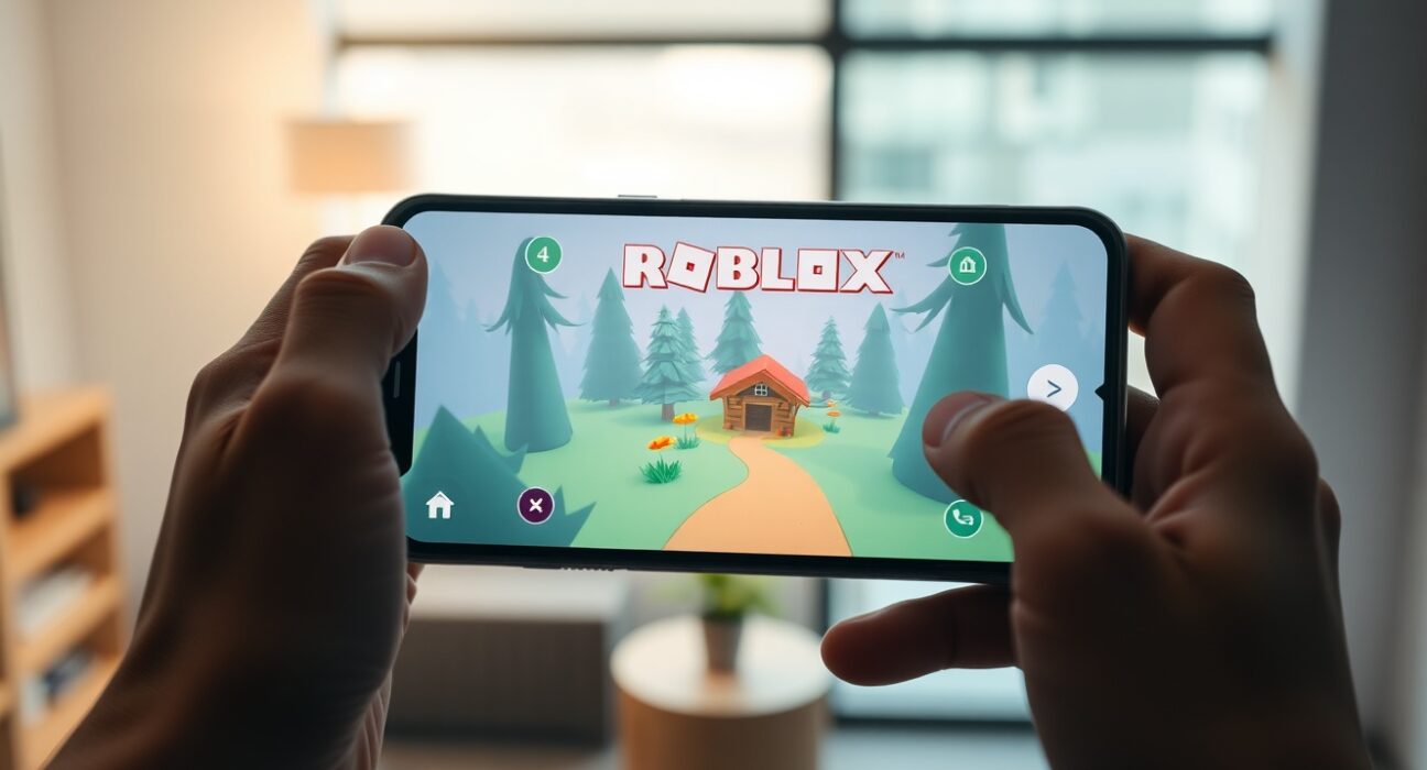 Smartphone displaying Roblox Build feature generating a forest game scene via AI text prompt