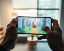 Smartphone displaying Roblox Build feature generating a forest game scene via AI text prompt