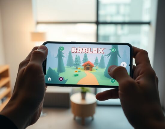 Smartphone displaying Roblox Build feature generating a forest game scene via AI text prompt
