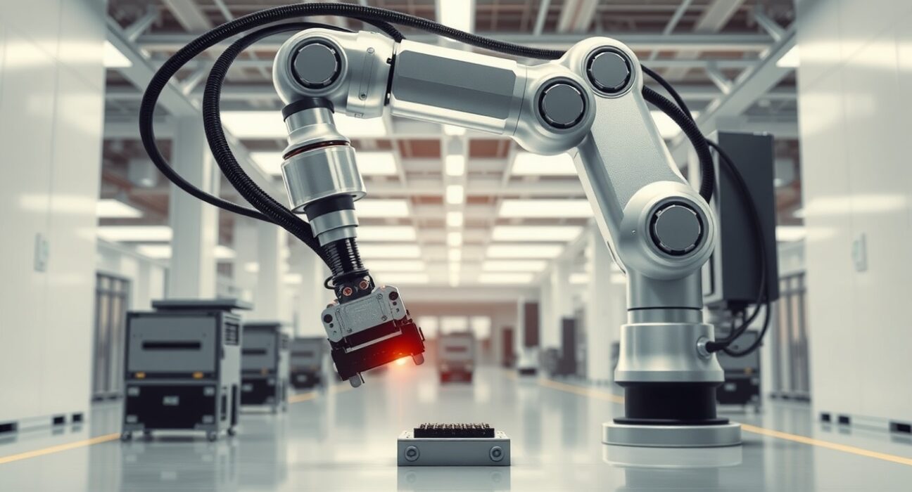 Advanced industrial robot arm symbolizing RoboForce's AI robotics technology in a modern manufacturing setting.