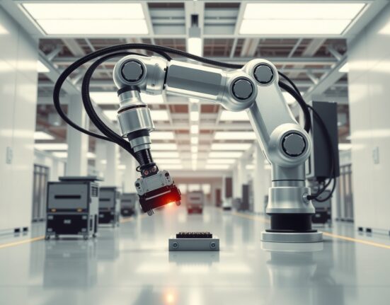 Advanced industrial robot arm symbolizing RoboForce's AI robotics technology in a modern manufacturing setting.