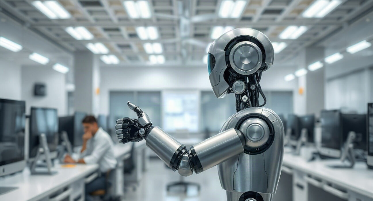 A robotic arm in a modern lab, representing Generalist's AI-powered robotics technology.