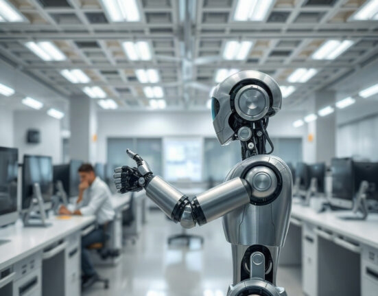 A robotic arm in a modern lab, representing Generalist's AI-powered robotics technology.