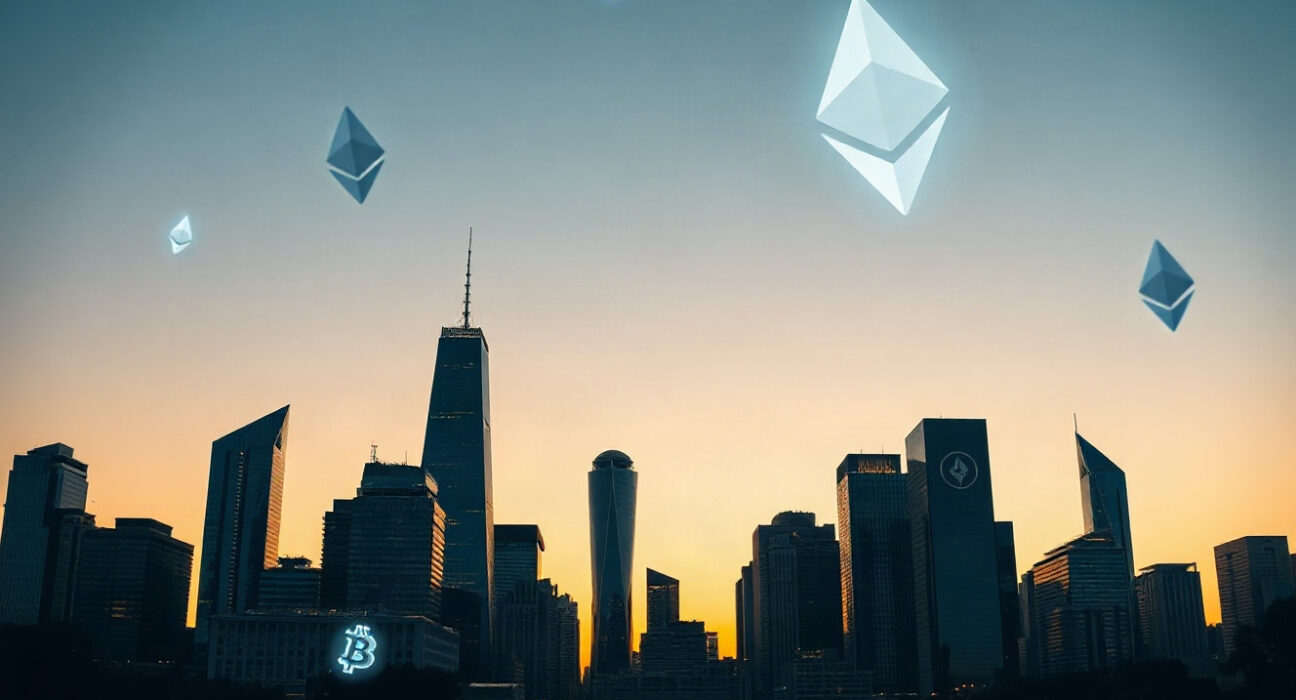 Financial district skyline with digital cryptocurrency symbols in the sky, representing digital asset investment.