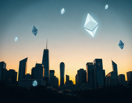 Financial district skyline with digital cryptocurrency symbols in the sky, representing digital asset investment.