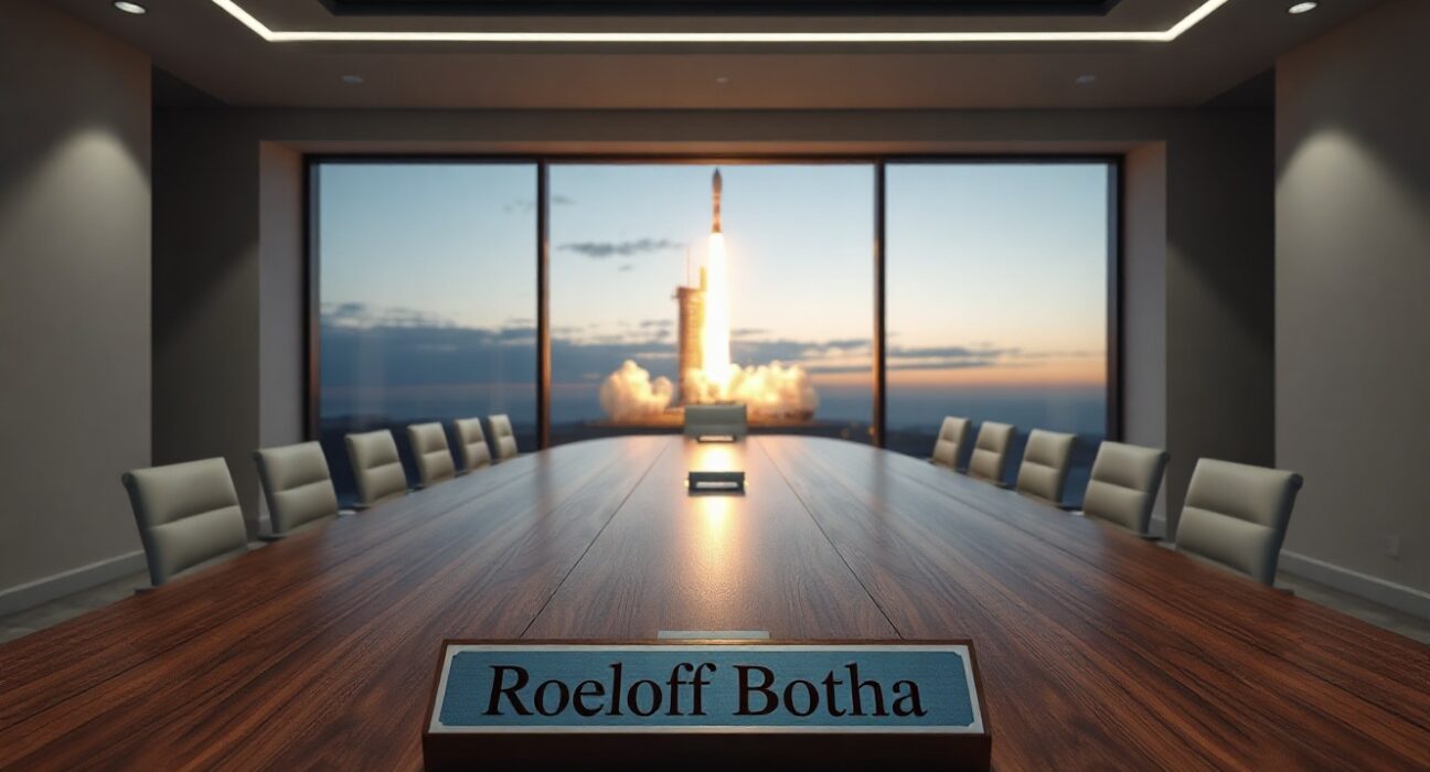 Boardroom table with Roelof Botha nameplate and rocket launchpad visible through window