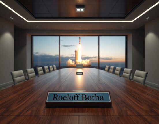 Boardroom table with Roelof Botha nameplate and rocket launchpad visible through window