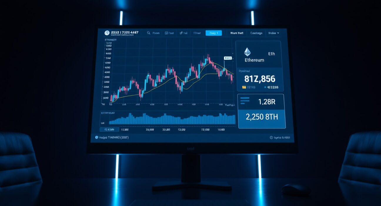 Ethereum withdrawal transaction on a trading screen in a dark room
