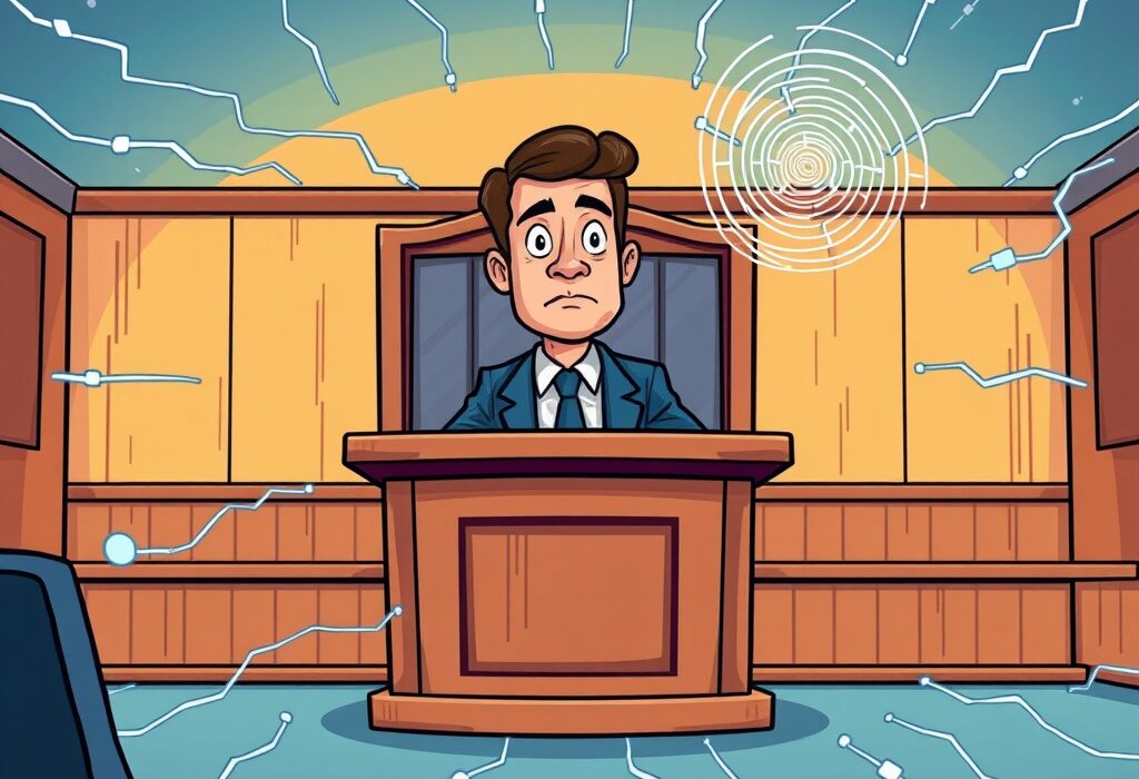 A cartoon illustration depicting the Roman Storm guilty verdict in a crypto legal case, highlighting the impact on blockchain privacy.