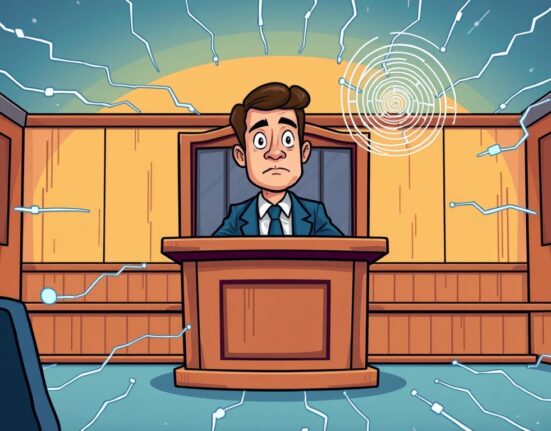 A cartoon illustration depicting the Roman Storm guilty verdict in a crypto legal case, highlighting the impact on blockchain privacy.