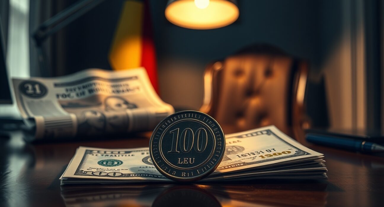 Romania foreign reserves decline illustrated by leu coins and dollar bills amid political uncertainty