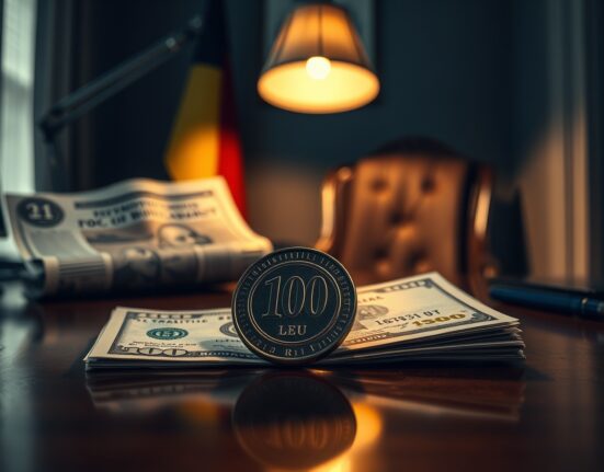 Romania foreign reserves decline illustrated by leu coins and dollar bills amid political uncertainty