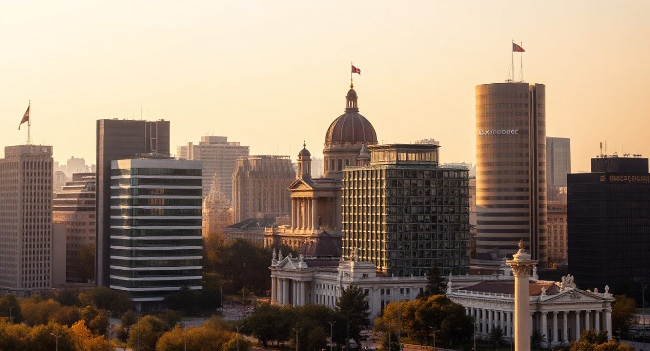 Bucharest skyline at golden hour with financial district buildings and Palace of Parliament in view