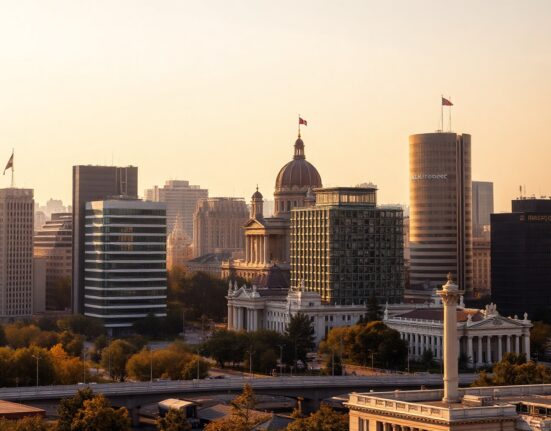 Bucharest skyline at golden hour with financial district buildings and Palace of Parliament in view
