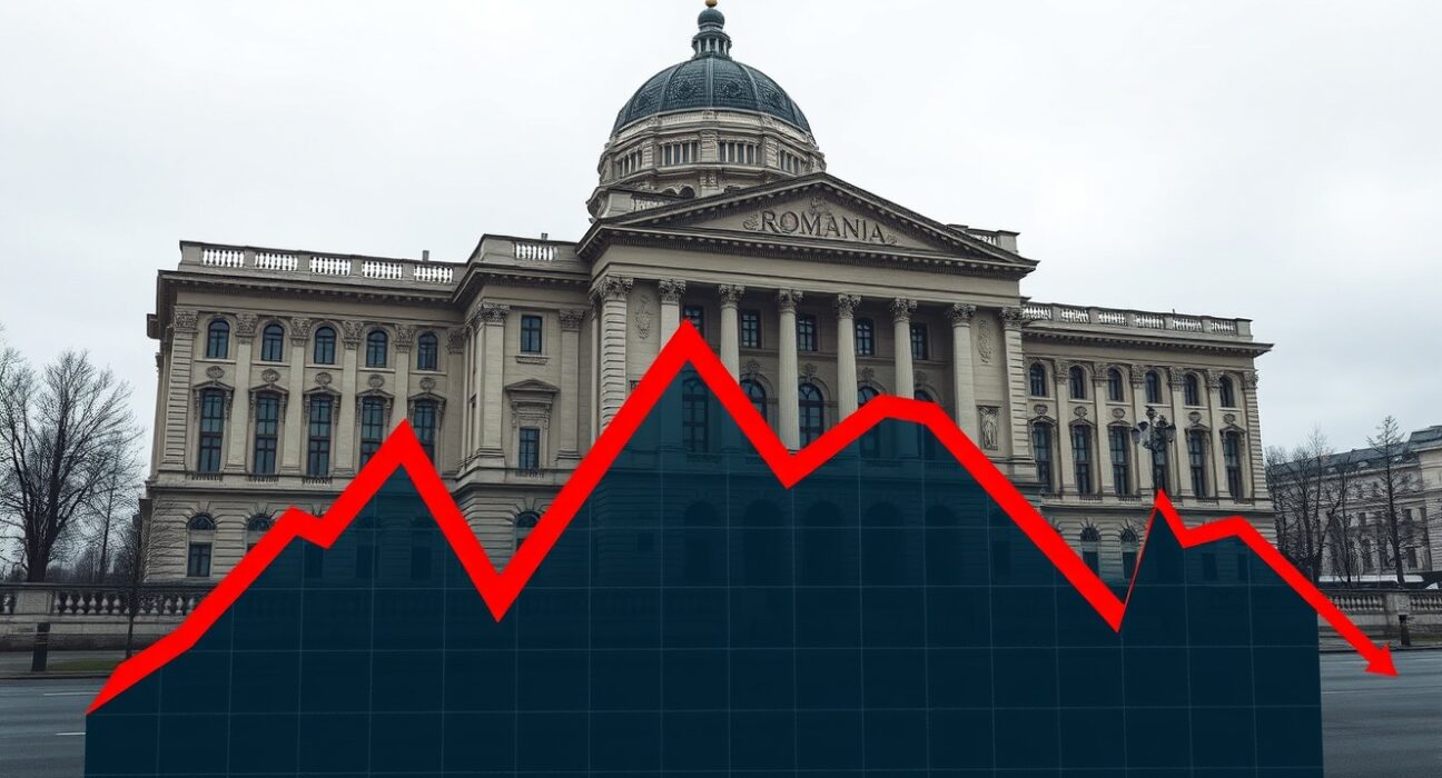 Romania reform risks: Standard Chartered chart overlay on Parliament building in Bucharest, signaling economic uncertainty.