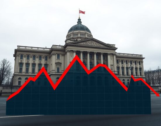Romania reform risks: Standard Chartered chart overlay on Parliament building in Bucharest, signaling economic uncertainty.