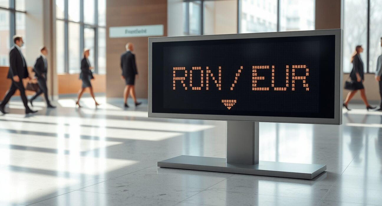 Currency exchange board in Bucharest bank showing RON/EUR rate with downward movement