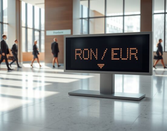 Currency exchange board in Bucharest bank showing RON/EUR rate with downward movement