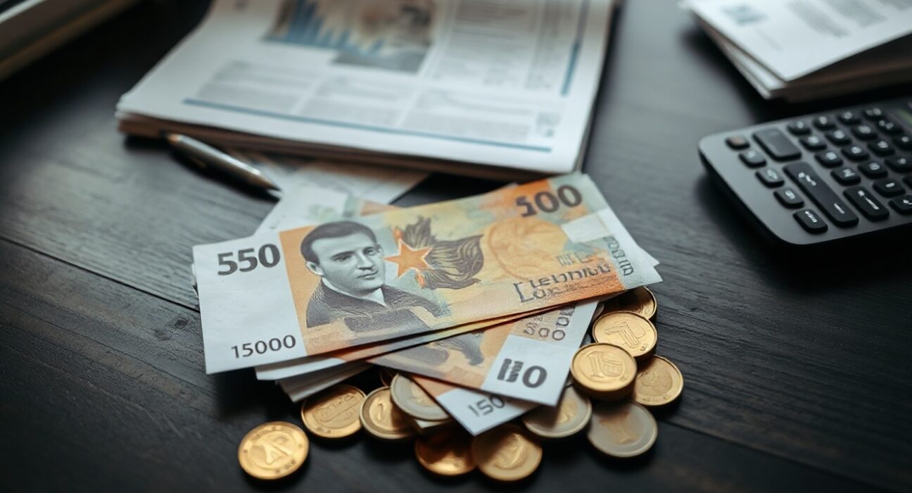 Romanian leu banknotes and coins on a desk, symbolizing currency market analysis.