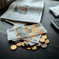 Romanian leu banknotes and coins on a desk, symbolizing currency market analysis.